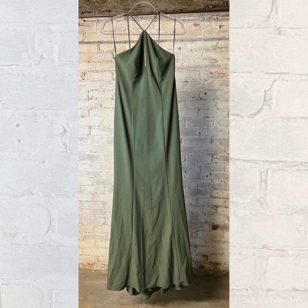 amsale naya olive green crepe high neck keyhole bridesmaid dress [size 4]